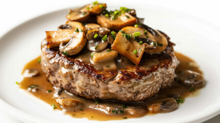 delicious hamburg steak with mushroom gravy isolated on white background