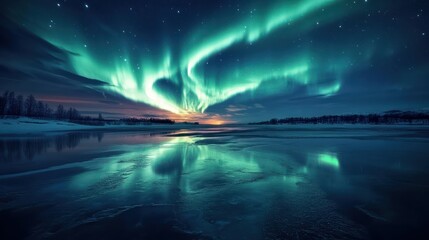 Spectacular aurora borealis display above a frozen landscape creating ethereal glow