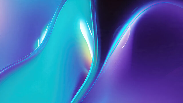 Vibrant abstract waves of glowing teal and purple liquid create a dynamic, fluid, and futuristic background with bright light reflections.
