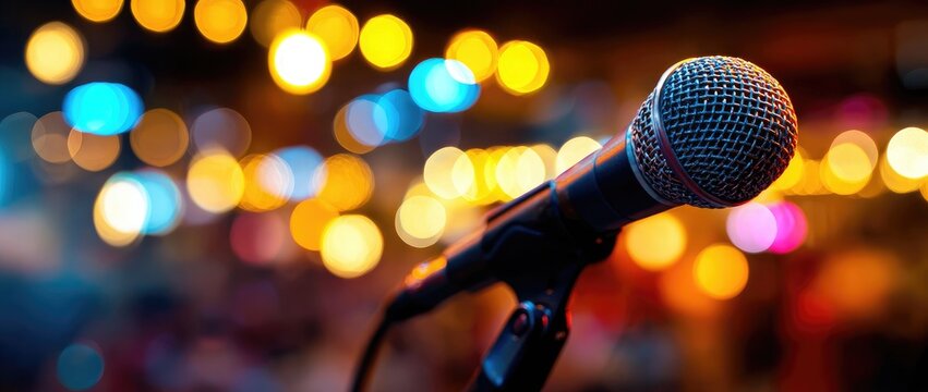 Close-up of a microphone on a stand, bokeh lights in background, stage or studio setting
