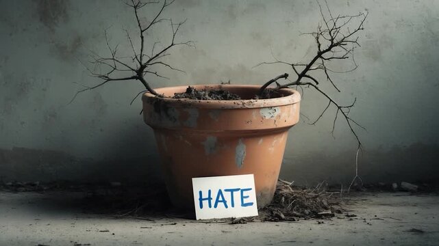 Dry twisted branches emerging from a cracked terracotta flower pot labeled 'HATE' set against a textured gray wall with scattered dirt and shadows in a dimly lit environment