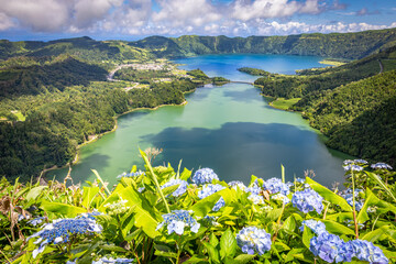 View of the "Green and blue lake" - Lago Verde and Lago Azul from viewpoint "Vista do Rei", Azores