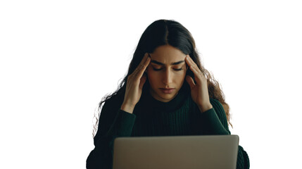 Stressed Work: A woman, head in hands, experiencing stress while working with laptop. Capturing the feeling of exhaustion, pressure, and overwhelmed.
