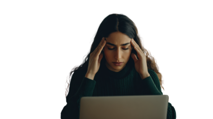 Stressed Work: A woman, head in hands, experiencing stress while working with laptop. Capturing the feeling of exhaustion, pressure, and overwhelmed.