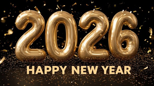 A 3D-rendered golden balloon-style number 2026 floating against a dark background, surrounded by gold confetti and sparkles. Below the numbers, the phrase happy new year appears in gold capital letter