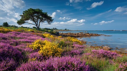 Scenic background with blooming heather and gorse at Emerald coast of Brittany France.
