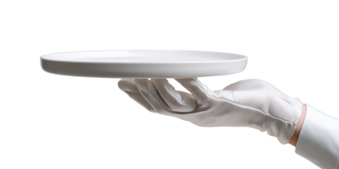 Elevated Elegance: A gloved hand delicately presents a pristine, empty plate, embodying refined service and anticipation.