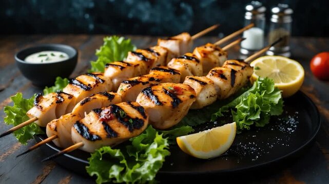Grilled chicken skewers marinated nicely arranged with vibrant green lettuce fresh lemon wedges and dipping sauce on a dark wooden table presented in a beautifully composed food styling
