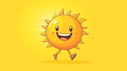 Obraz premium Cheerful, anthropomorphic sunshine character is happily walking against a bright yellow background