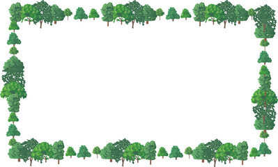 A decorative rectangular border composed of various green trees and bushes on a white background.
