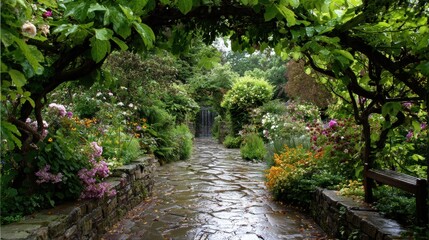 Secret Walled Garden Path Arching Waterfall.