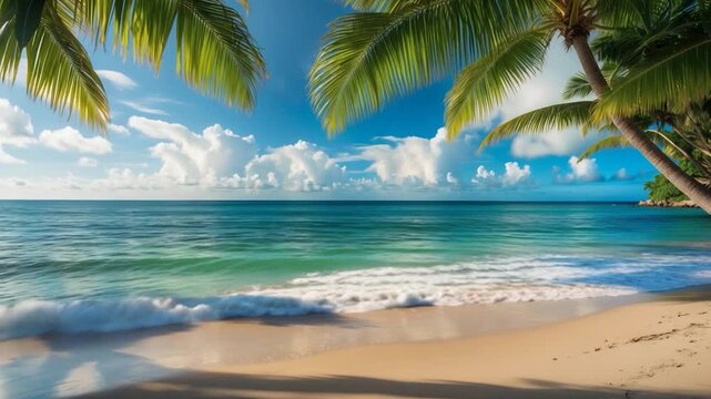 Tranquil beach scene with gentle waves lapping against the shore surrounded by lush green palm trees under a bright blue sky with fluffy white clouds showcasing vibrant colors and natural textures