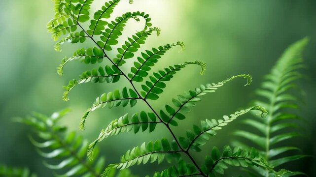 Close-up of vibrant green fern leaves gently swaying in soft natural light against a blurred green background showcasing intricate textures and patterns