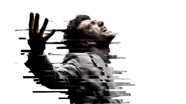 Silent scream of distress: An image of a man expressing deep anguish and suffering. The photo captures a moment of intense emotional strain and inner turmoil.