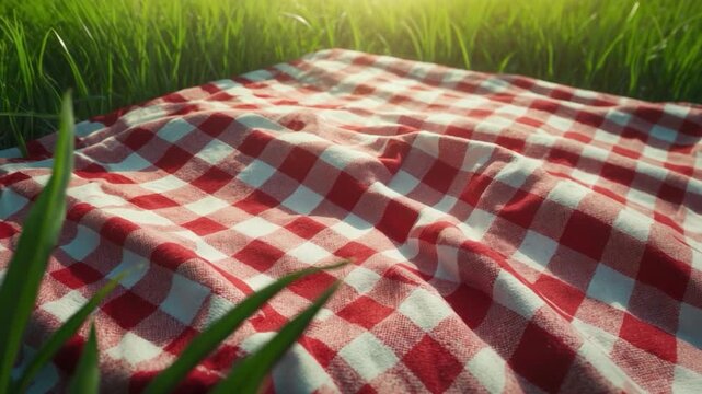 Close-up of a red and white checkered picnic blanket draped on lush green grass in natural light highlighting the texture and pattern of the fabric during a sunlit outdoor setting
