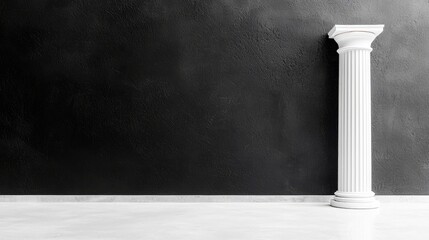 A solitary white fluted column stands against a dark, textured wall, with a light concrete floor.