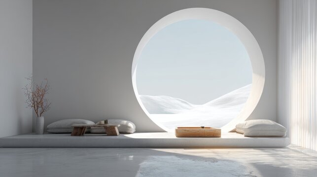 Serene Minimalist Room with Circular Window and Sunlight.
