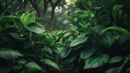 Lush green tropical foliage with large vibrant leaves creating a dense forest environment soft natural light filtering through the trees in a serene outdoor setting