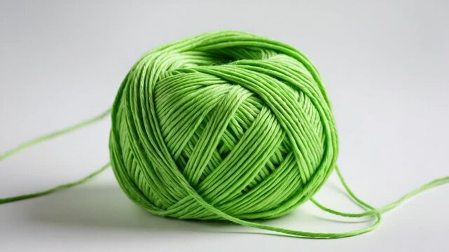 Close-up of vibrant green yarn ball showing gradual unraveling against a soft gray background captured in natural light highlighting its smooth texture and intricate thread patterns from different