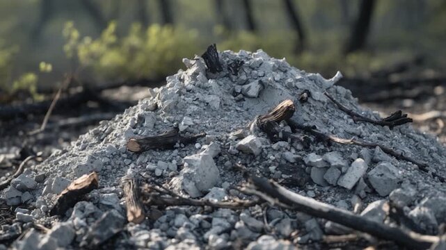 Close-up of a grayish mound of ash and debris scattered in a forest environment with charred wooden logs captured in natural light with soft focus background showing greenery and blurred textures