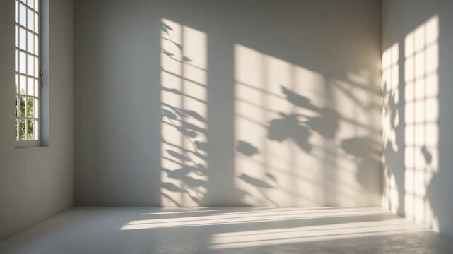 Minimal interior space with soft natural light casting shadows of foliage on a smooth concrete floor next to large windows creating a serene atmosphere in an empty room