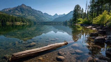 Serene Mountain Lake Reflection with Clear Water and Log.