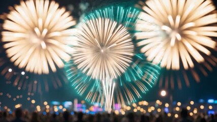 Vibrant fireworks display lighting up a night sky with bursts of colorful explosions over a blurred crowd emphasizing festive atmosphere with sparkling lights and radiant colors