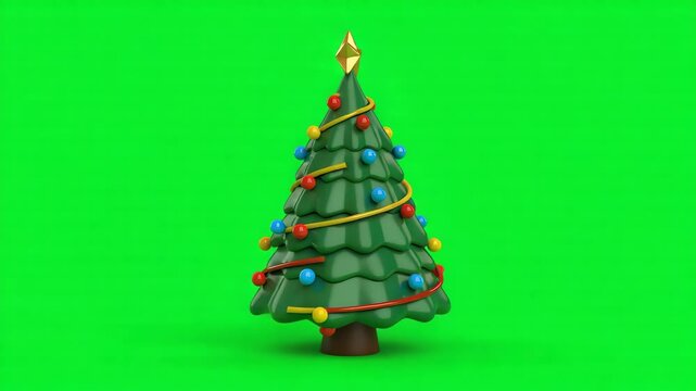 Cute cartoon 3d rendered christmas tree with colorful lights and a golden star on a green screen background for easy compositing
