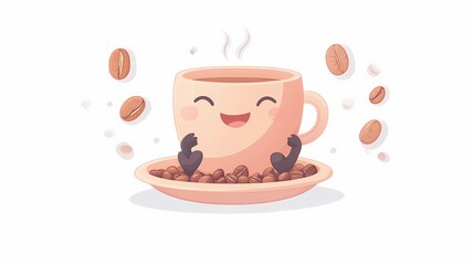 Cheerful animated coffee cup illustrates morning energy and bean strength concept