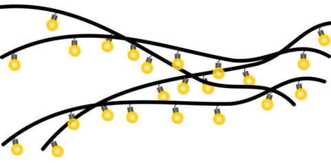 Illustration of festive yellow string lights with black wires draped in waves on a white background.