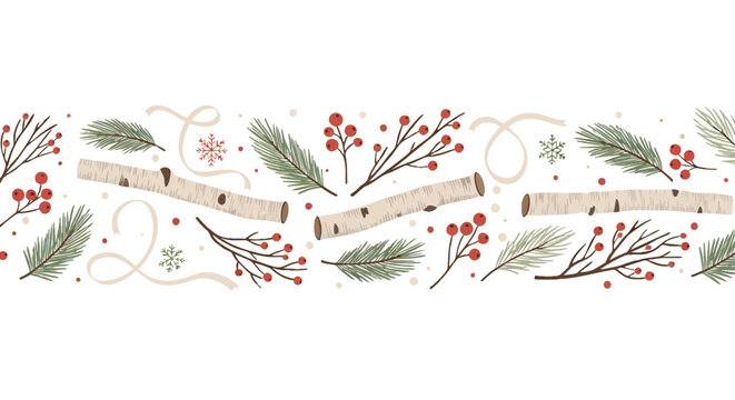 Festive winter seamless border with pine branches, birch logs, holly berries, and delicate swirls of snow, perfect for holiday designs and decorations