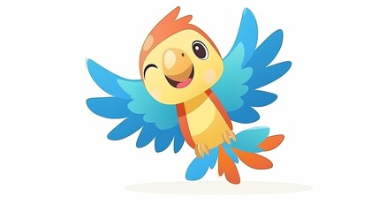 Cheerful cartoon tropical bird illustration winks with wide open wings