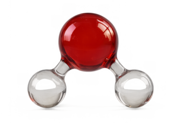 Water molecule model with red oxygen atom and clear hydrogen atoms for chemistry education