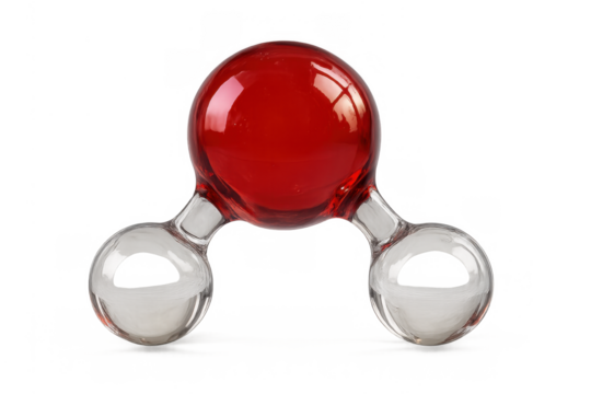 Water molecule model with red oxygen atom and clear hydrogen atoms for chemistry education