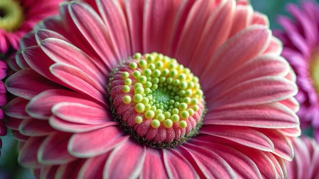 Close-up of vibrant pink gerbera flower with a green center showcasing soft petals in natural light surrounded by blurred colorful petals of similar flowers emphasizing detailed textures and colors.