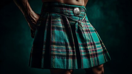 Close up shot of a man wearing a green and red plaid kilt with a decorative silver buckle and chain