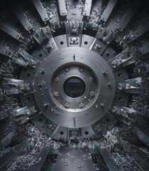 High-precision industrial metal shredder interior with rotating steel blades, detailed mechanical construction, dynamic flying metal chips, futuristic engineering machinery texture and extreme close-u