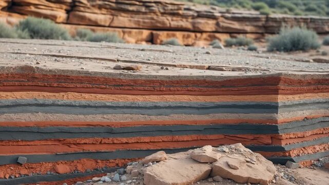 Layers of vivid sedimentary rock displaying rich colors and textures with visible horizontal stratification under natural sunlight highlighting the geological formation in a rugged outdoor landscape