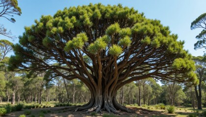 Majestic Dragon Tree Standing Tall in a Serene Forest Landscape under Clear Sky