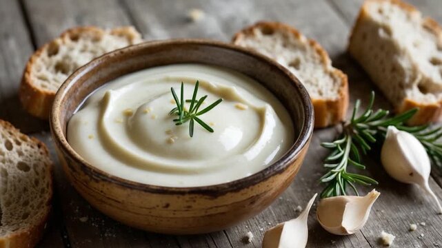 Close-up of creamy garlic sauce in a rustic bowl garnished with fresh rosemary and surrounded by sliced bread garlic cloves and rosemary sprigs on a wooden table with natural light and earthy textures