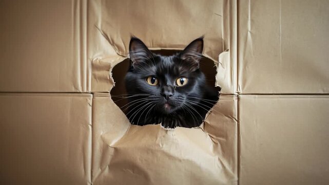 Curious black cat peeking through a torn hole in cardboard boxes showcasing soft lighting and smooth textures captured in close-up at different stages of exploration.