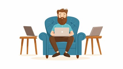 Fototapeta premium Bearded man works on portable computer while seated comfortably in an upholstered armchair surrounded by auxiliary devices