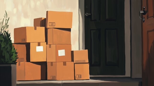 Stack of delivery boxes on the doorstep with a green door and plant