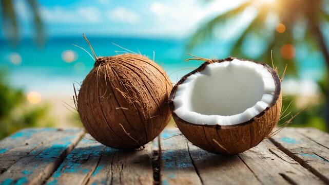 Close-up of fresh coconuts split open revealing white flesh placed on rustic wooden table against a tropical beach background with vibrant blue sea and soft sunlight illuminating the scene