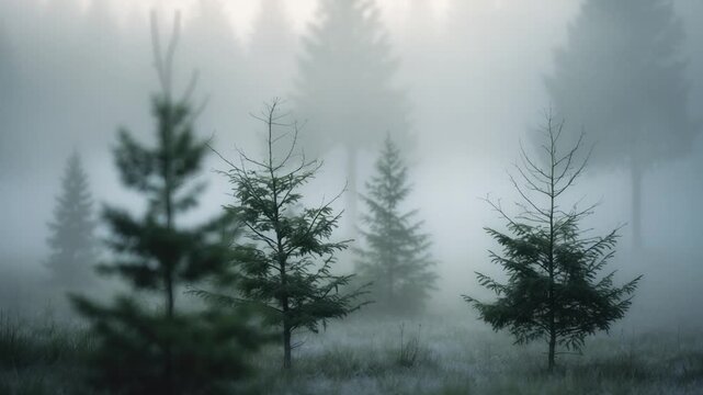 Foggy forest landscape with evergreen trees shrouded in mist showcasing soft natural light blurred background and varying tree shapes and sizes during morning hours