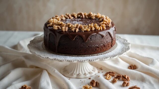 Decadent chocolate cake topped with walnuts and drizzled icing presented on an ornate white cake stand surrounded by scattered pecans on a soft linen cloth backdrop in warm natural light