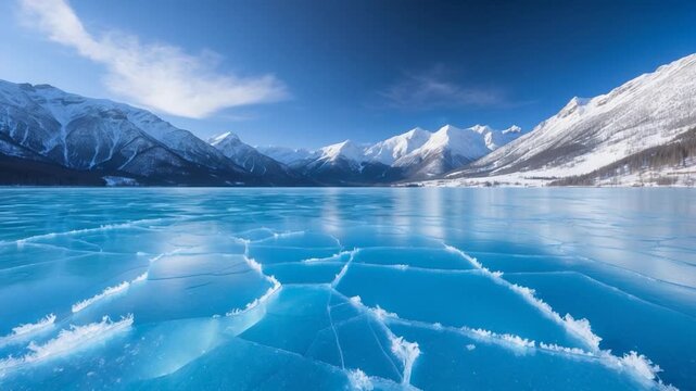 Wide view of sparkling blue ice on a frozen lake surrounded by majestic snow-capped mountains under a clear sky showcasing unique crack patterns and smooth surfaces in vibrant colors