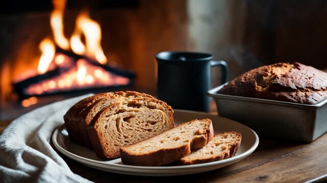 Close-up of freshly baked swirled bread on a plate next to an uncut loaf with a steaming mug in a rustic kitchen setting illuminated by warm soft light from a cozy fireplace background