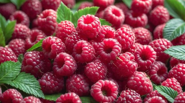 Close-up view of fresh vibrant raspberries resting atop green mint leaves highlighting their rich red color and texture in a well-lit natural setting
