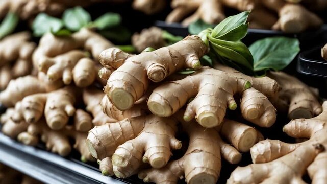 Close-up of fresh ginger roots with green leaves resting on a dark surface showcasing details of texture and shape in soft natural light arranged attractively for display in a market setting